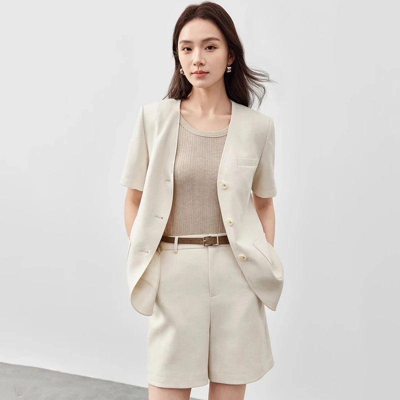 亚麻V领休闲女装夏装套装2025新款爆款时尚西装+短裤两件套-5578