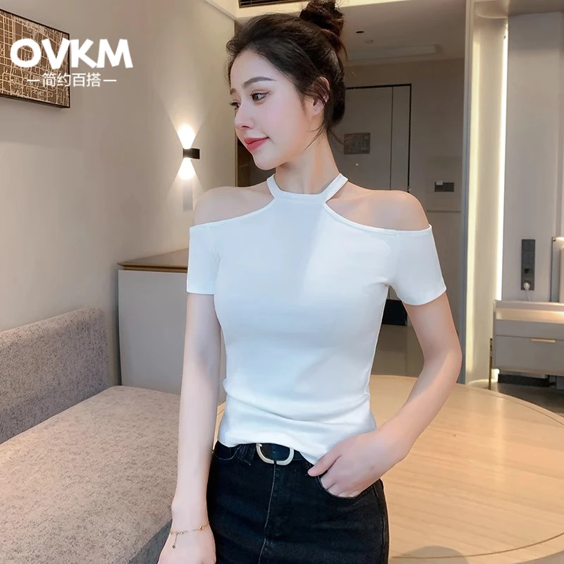 OVKM白色挂脖短袖t恤女外穿性感2025新款夏螺纹露肩修身内搭打底