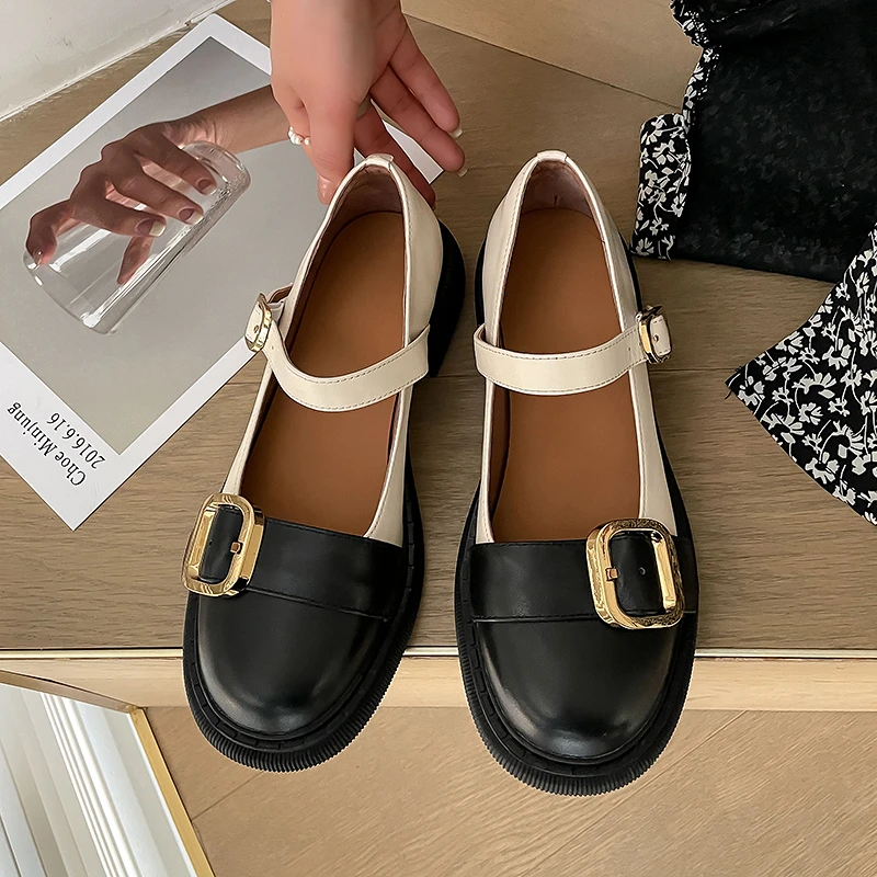132/5cm牛皮单鞋秋季春季金属装饰玛丽珍鞋黑色法式夏季鞋子