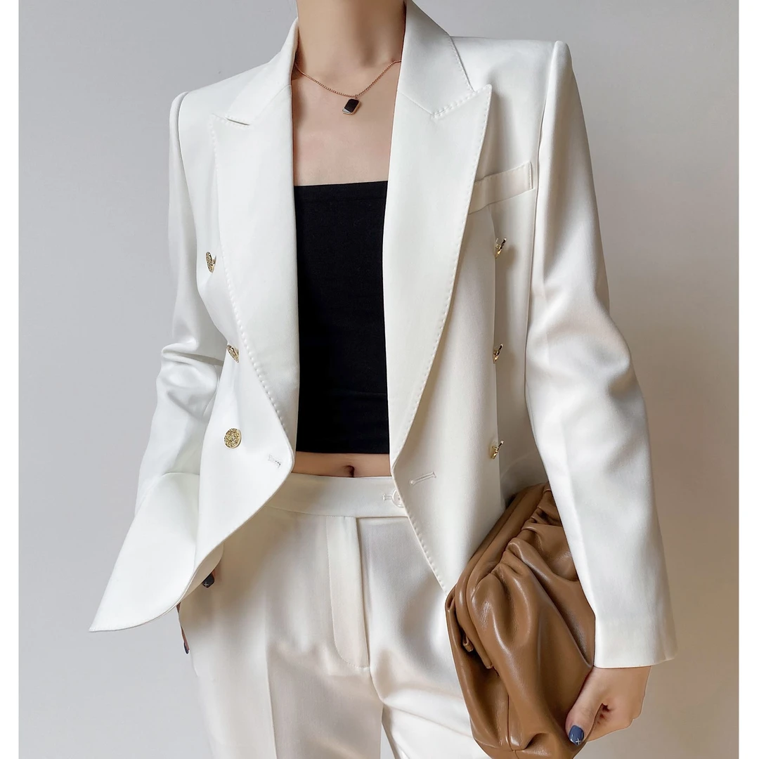 进口高定白色西装九分裤两件套修身小众通勤轻奢