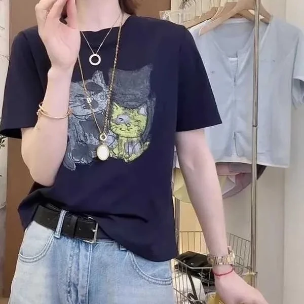 时尚猫咪印花上衣2025卡通夏季圆领新款纯棉宽松T恤显瘦短袖爆款