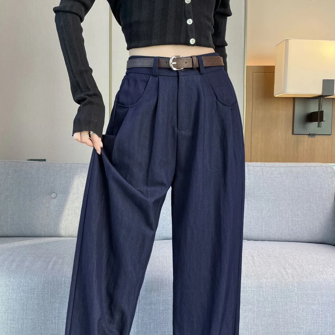 牛仔阔腿裤女春秋薄款高腰显瘦大码胖mm宽松休闲窄版西装直筒女裤