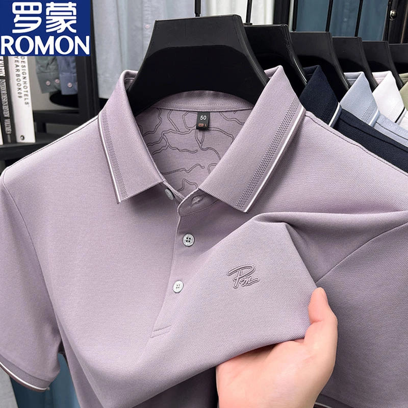罗蒙短袖t恤夏季薄款男士凉爽纯色宽松中年翻领polo衫高级感男装