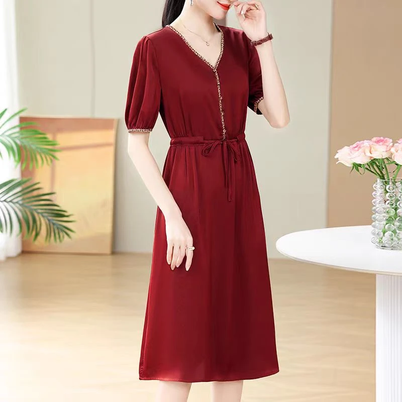 9507-夏季新款中年妈妈短袖连衣裙收腰显瘦洋气长裙（D仓东楼梯）