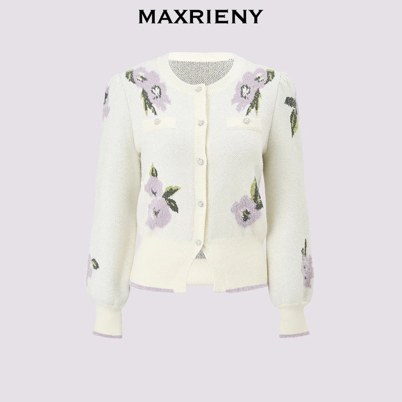 【蜜思仝】MAXRIENY洛神厚款开衫外套绣花秋冬长袖小香风白色圆领