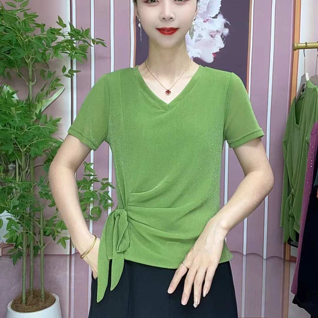 纯色修身系带抗皱V领短袖常规T恤打底衫气质百搭洋气5005