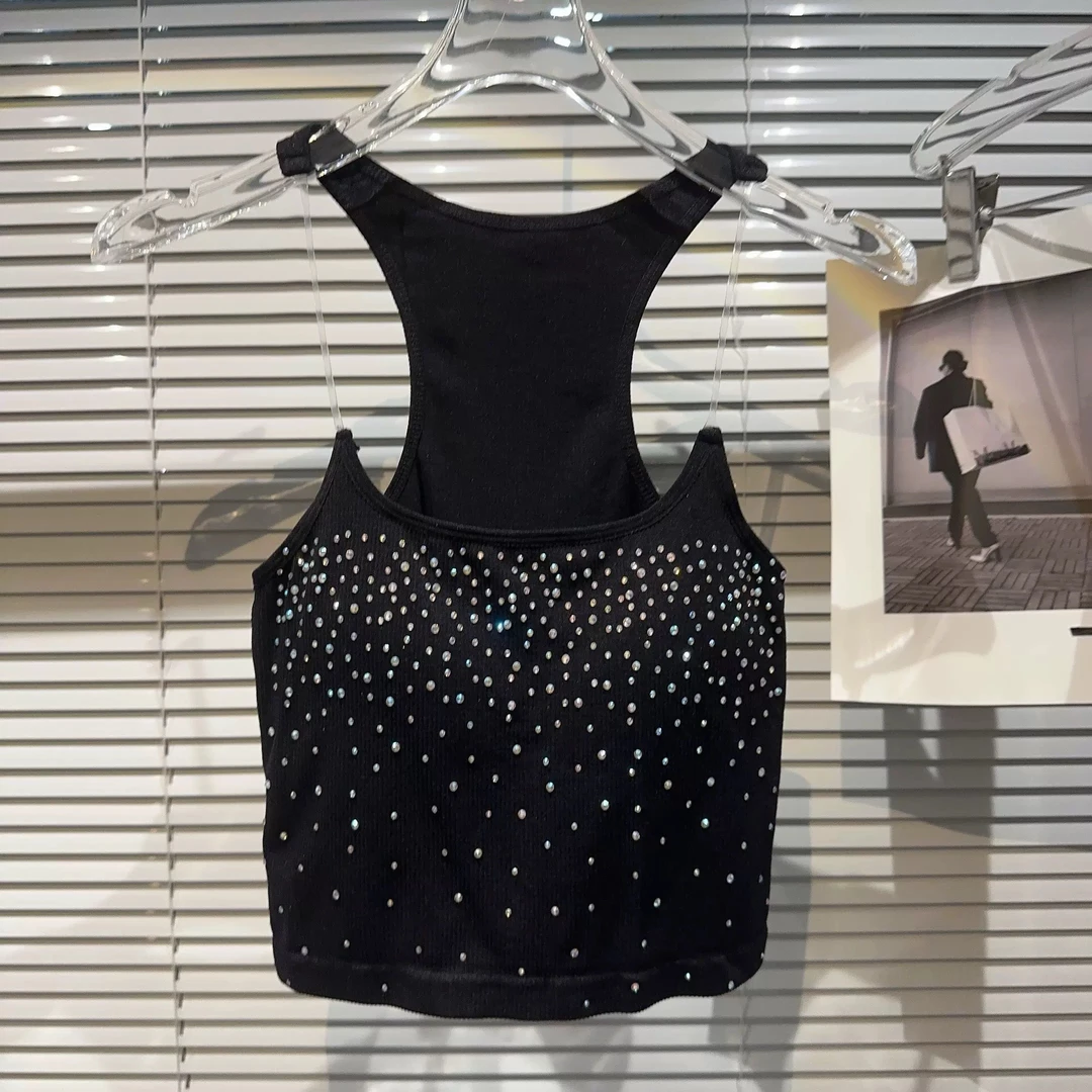 新款辣妹款渐变水钻钉珠隐形肩带胸垫吊带背心女