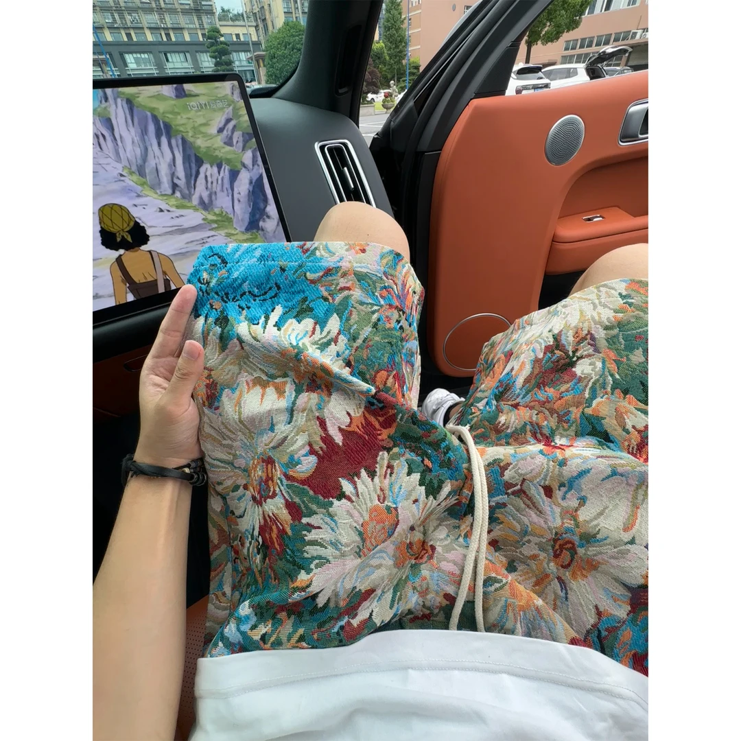 民族风花朵短裤男款夏季外穿大裤衩oversize休闲高街情侣五分裤子