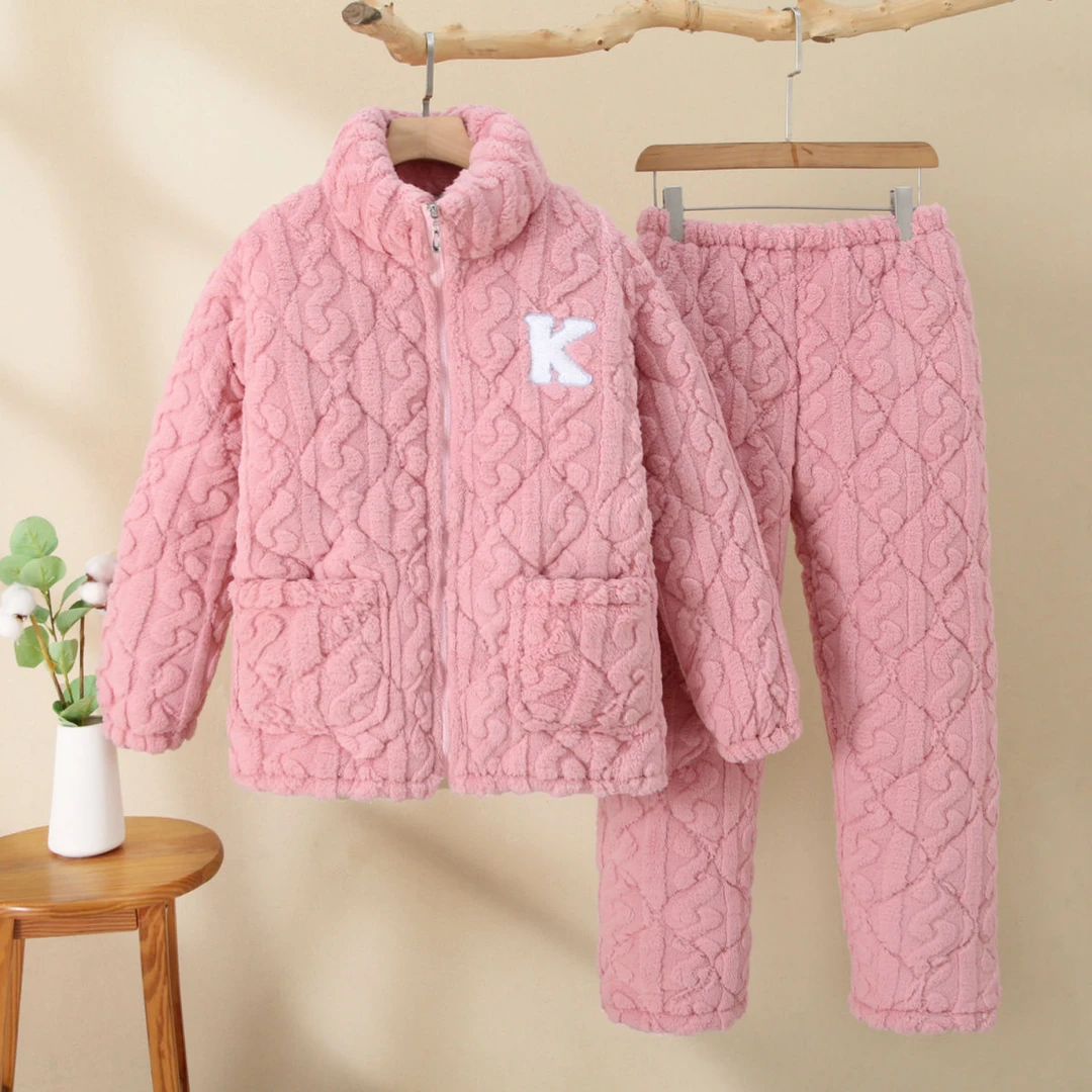 新拉链女士睡衣秋冬季三层加绒加厚夹棉袄法兰绒家居服套装可外穿