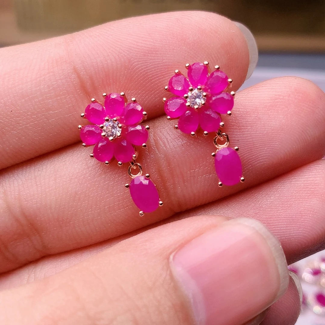 红宝石耳饰银S925镶嵌运**坤