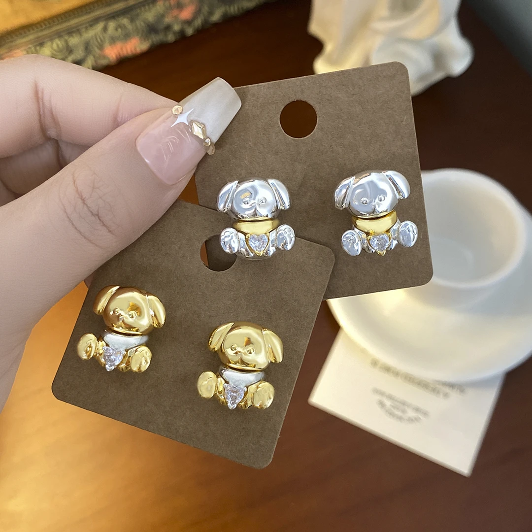 铜合金合成锆石耳饰 镀18K金「小狗」耳钉气质时尚少女可爱甜美耳环
