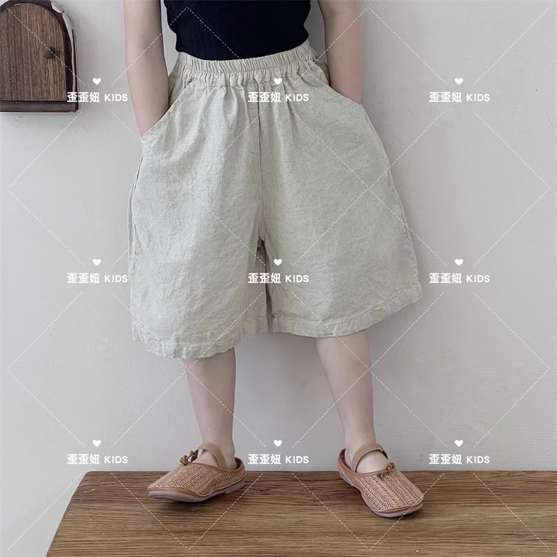 【歪歪妞童装】35100儿童极简复古亚麻宽松慵懒七分裤男女童休闲裤