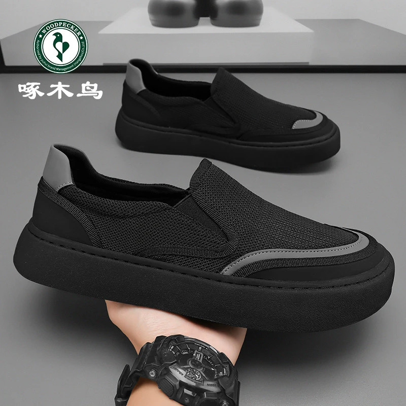 啄木鸟男鞋2025一脚蹬轻便新款时尚男单鞋休闲板鞋网鞋低帮帆布鞋
