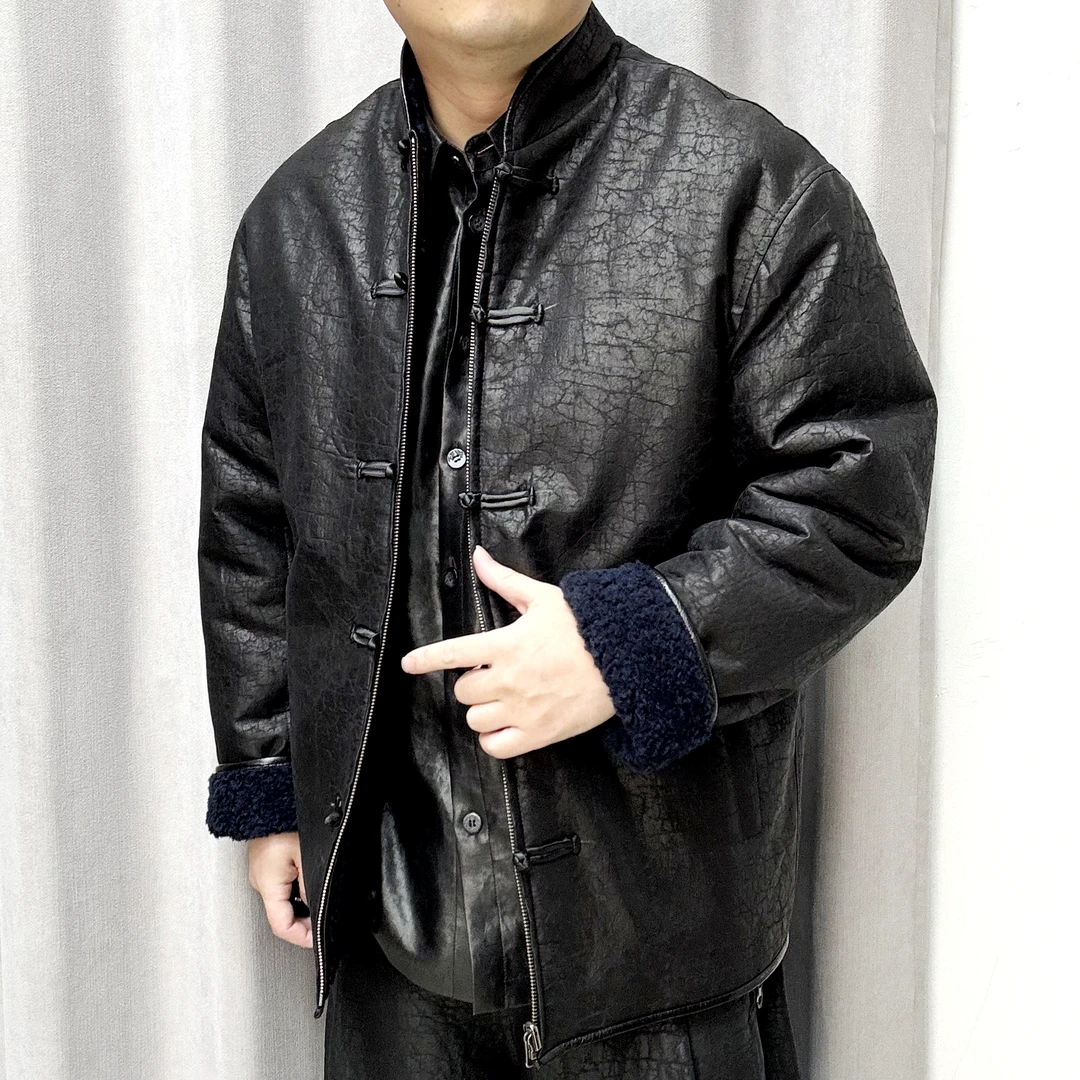 25133美利奴桑蚕丝皮草男装外套保暖香云纱新中式夹克国风