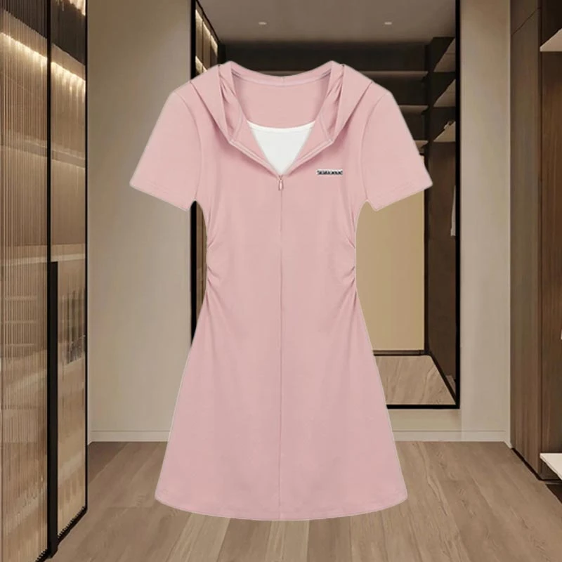 假两件连帽休闲连衣裙女2025年春季新款设计感撞色气质中长款裙子