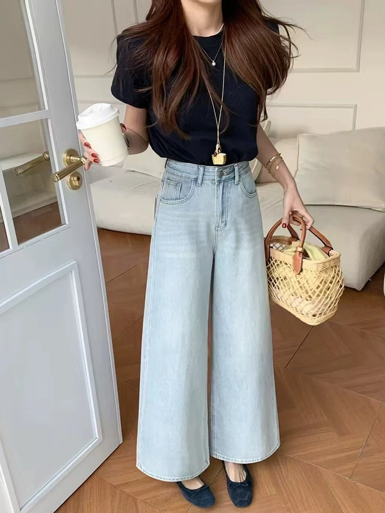 （高品质)糯叽叽阔腿牛仔裤女2025夏季宽松显瘦百搭休闲九分直筒裤