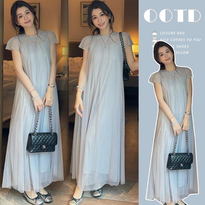 【哼哼专属】2025年高级感甜美减龄网纱长裙吊带裙孕妇连衣裙长裙