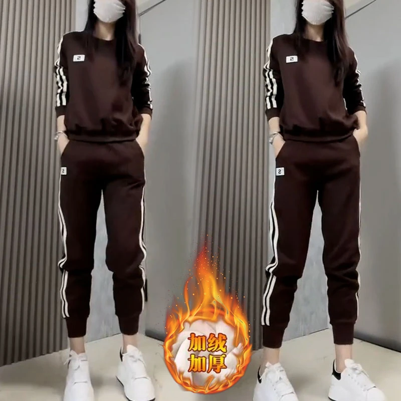高含棉时尚套装女2025秋冬新款加绒加厚气质减龄卫衣束脚裤两件套