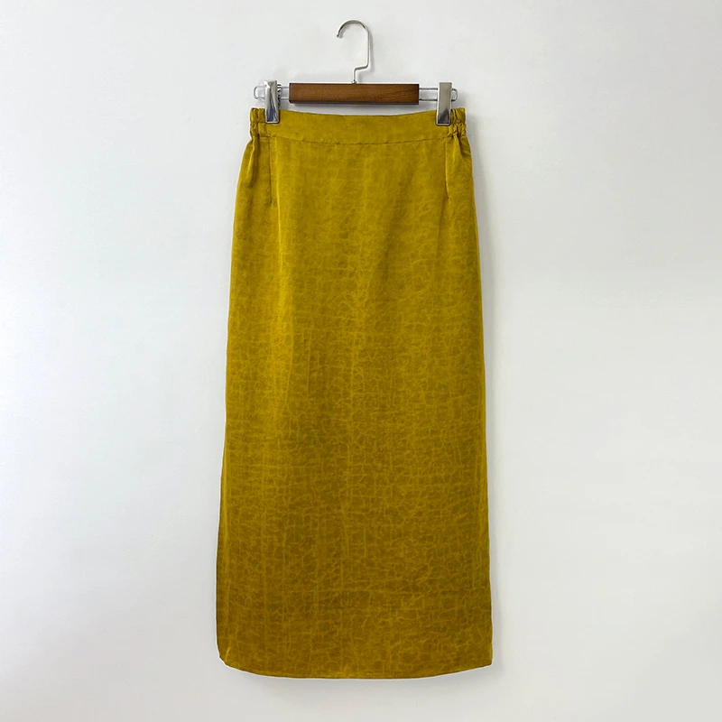 新中式香云纱半身裙金色龟裂纹A字裙松紧腰开叉气质长裙女春新品