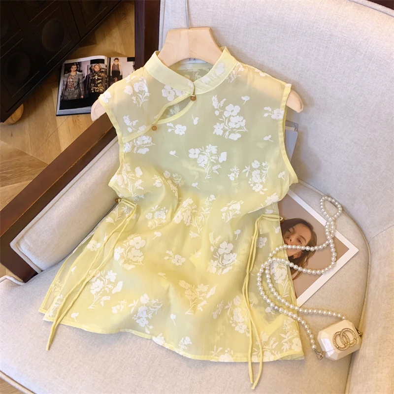 新中式黄色衬衫女夏季轻奢高级感国风盘扣旗袍领网纱t恤无袖上衣