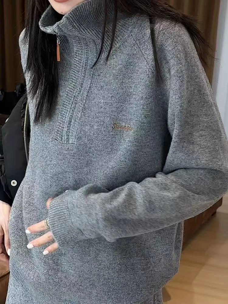 半拉链高领针织衫女新款宽松时尚设计感polo领毛衣上衣7752