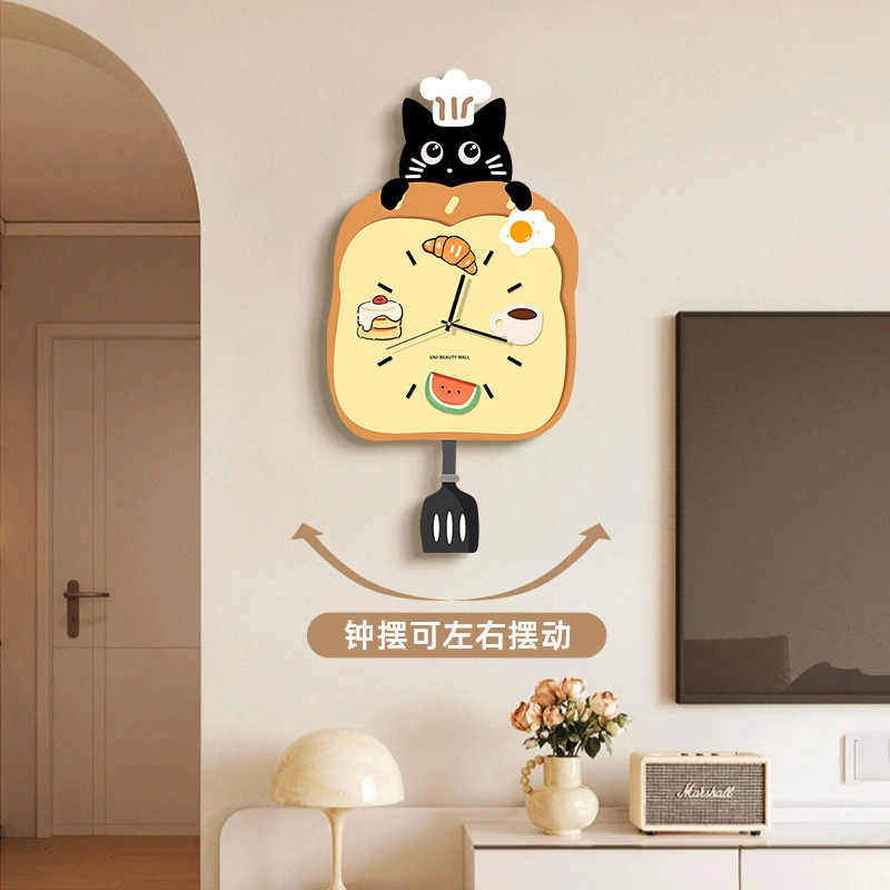可爱猫咪客厅摇摆挂钟免打孔2025新款静音家用时钟钟表温馨挂表