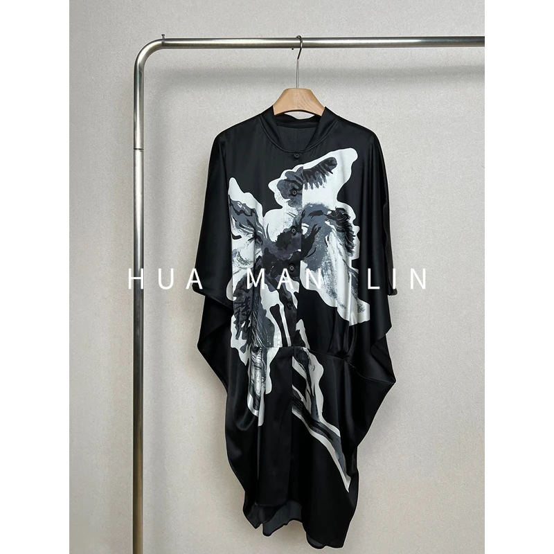 【花滿林】小立领定位花印花连肩袖弹力缎真丝桑蚕丝连衣裙250755