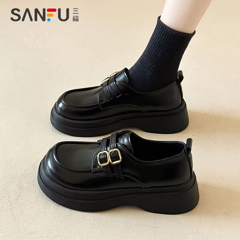三福厚底小皮鞋女英伦风2025年春夏新款黑色复古小众增高单鞋百搭
