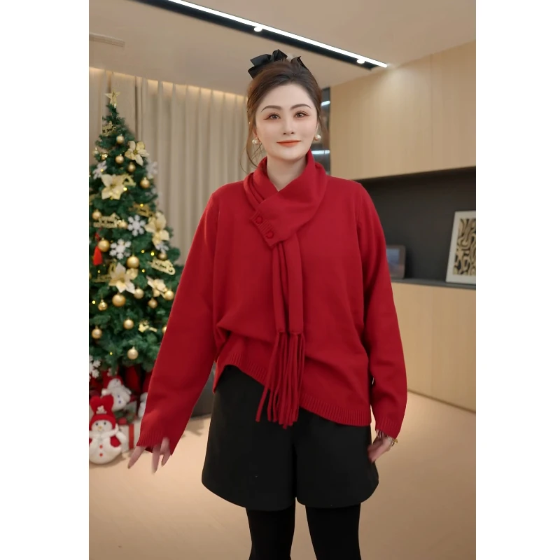 【胖佳佳】相思豆 红色毛衣冬季时尚百搭含可拆卸围巾H624Z21499