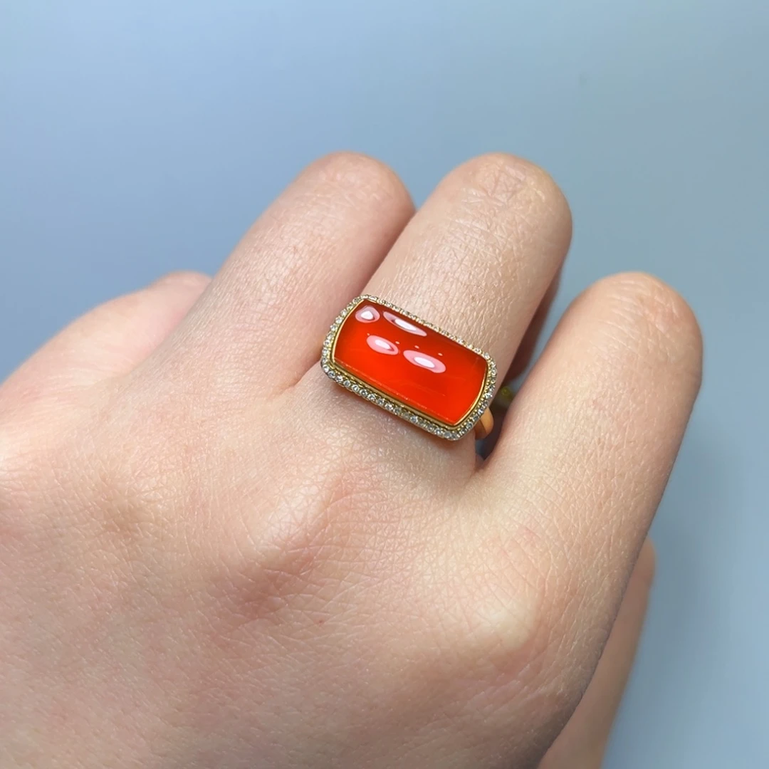 南红玛瑙冰红戒指河湾18K金镶嵌