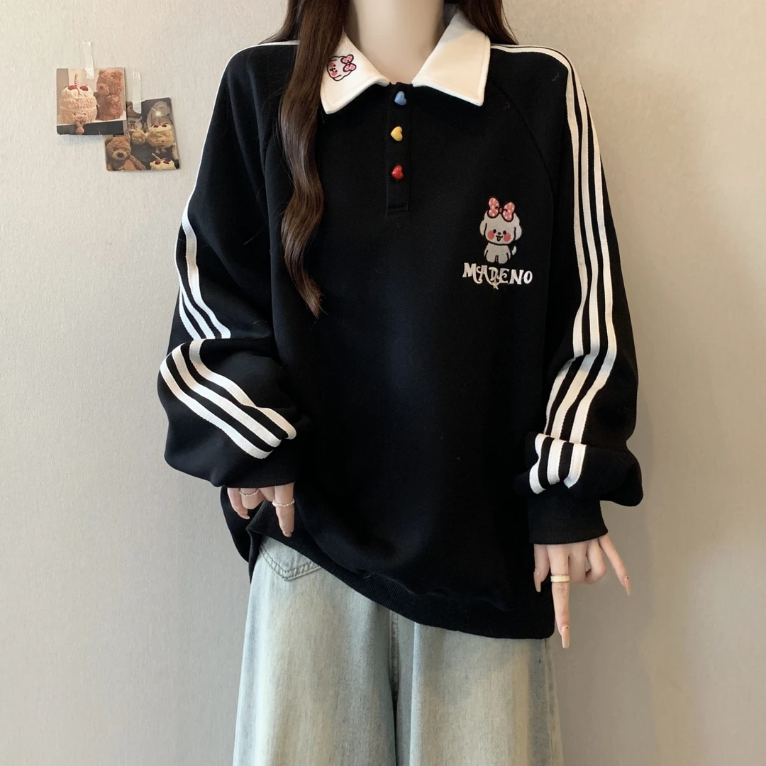 大码女装遮肚子学院风polo领卫衣春秋胖mm显瘦卡通刺绣条纹打底衫