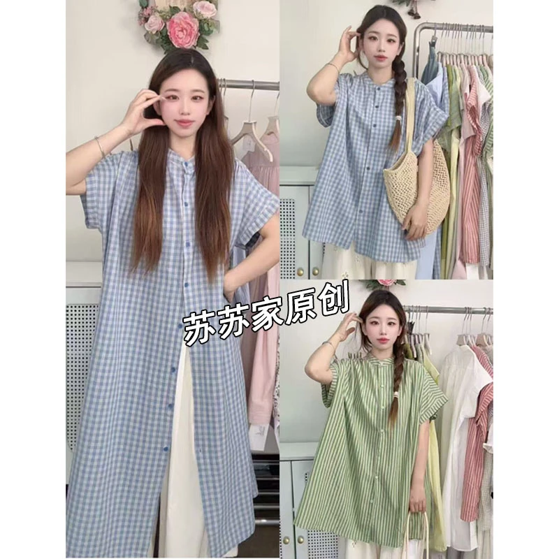 格纹宽松春夏季休闲日系短袖连衣裙格子圆领长款复古时尚纯棉百搭
