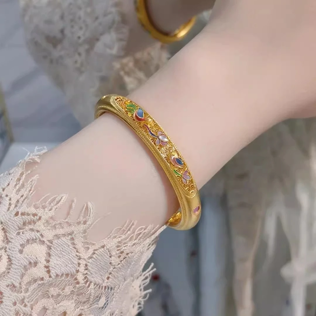 铜合金手镯 新款古法金凤舞戏莲螺钿花丝手镯精致贵妃镯螺钿工艺