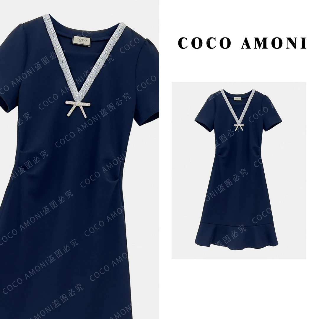 新款烫钻V领高级感时尚女装拼接蝴蝶结气质显瘦连衣裙ZC590