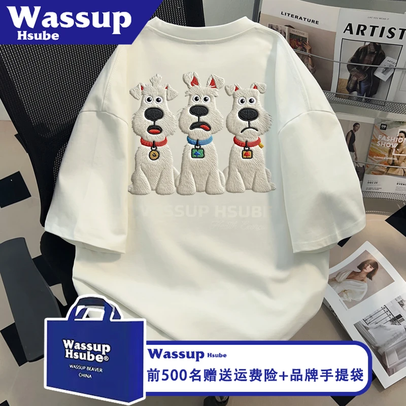 WASSUP HSUBE小狗印花短袖ins美式夏季T恤白色纯棉男女情侣装上衣