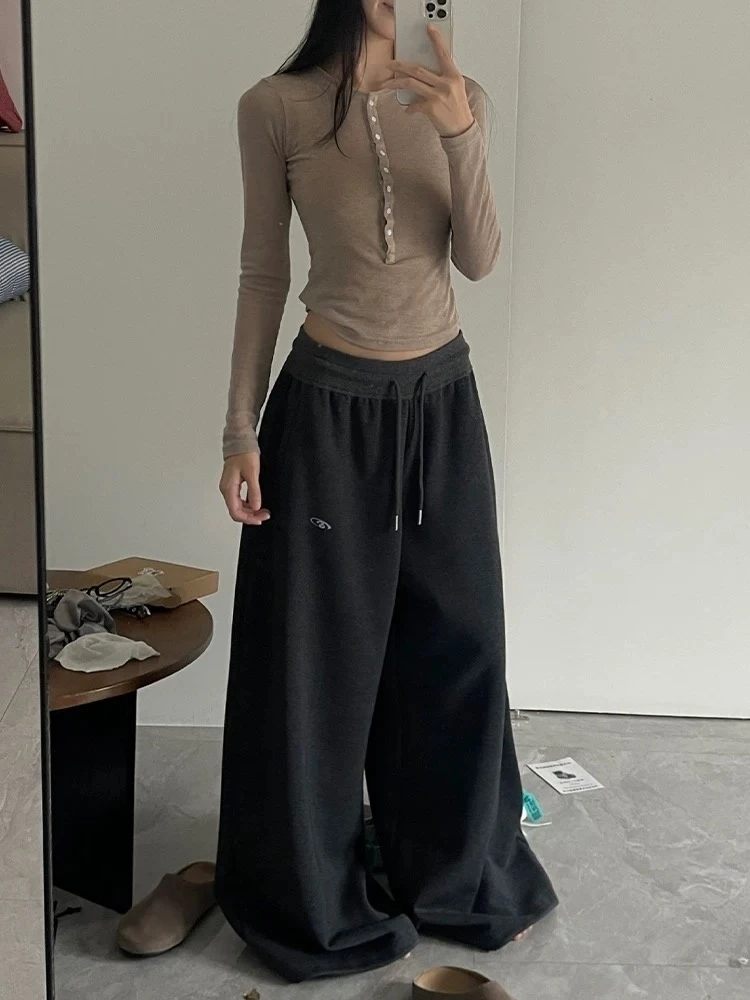 美式复古重磅灰色休闲卫裤女2025新款宽松束脚抽绳街舞阔腿拖地裤