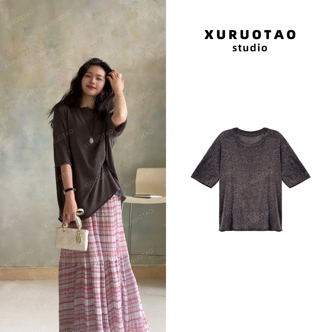 XURUOTAO【巴黎街头1】亚麻纯色设计感五分袖舒适灰色上衣 T5219