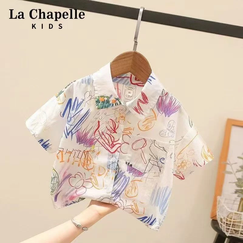 【100棉】夏季儿童新款涂鸦短袖衬衫男女童港风透气百搭短袖