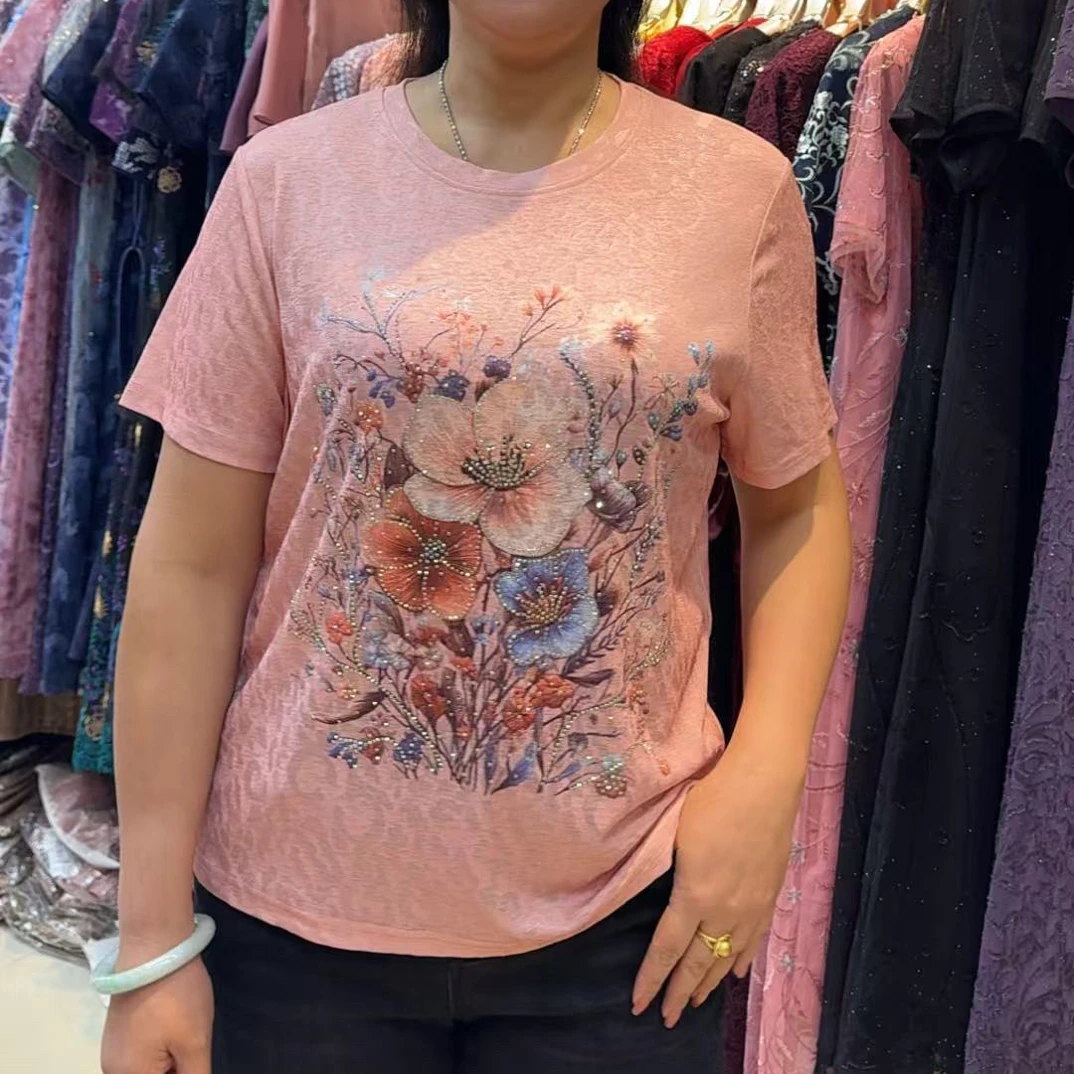 印花T恤蝴蝶抗起球短袖百搭碎花女士半袖圆领套装