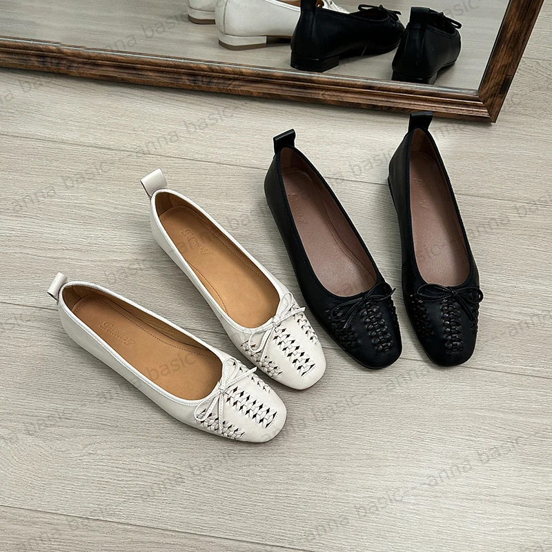 2cm/ED1963牛皮圆头平跟单鞋女夏季百搭镂空透气编织复古玛丽珍鞋