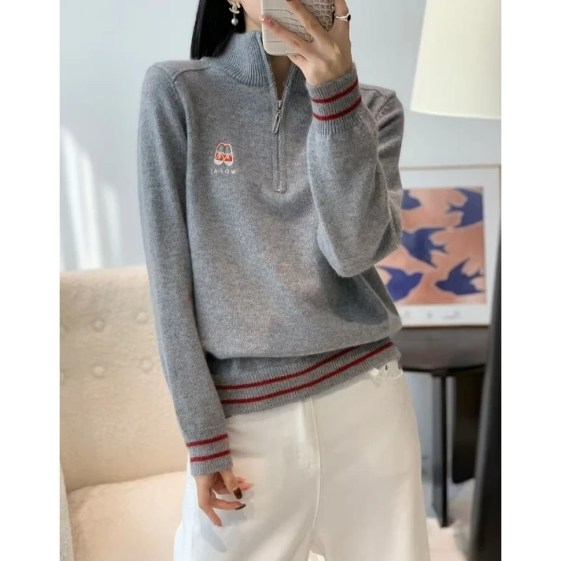 韩系高端半拉链毛衣宽松休闲针织衫女2026新款减龄针织打底衫上衣