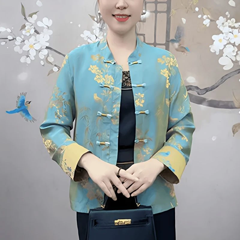 早秋网红气质盘扣设计上衣新中式高档洋气长袖单面国风印花外套