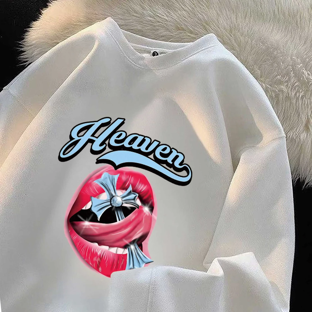 特大码300斤复古潮牌闪亮香唇印花加厚卫衣男女款秋冬宽松休闲衫