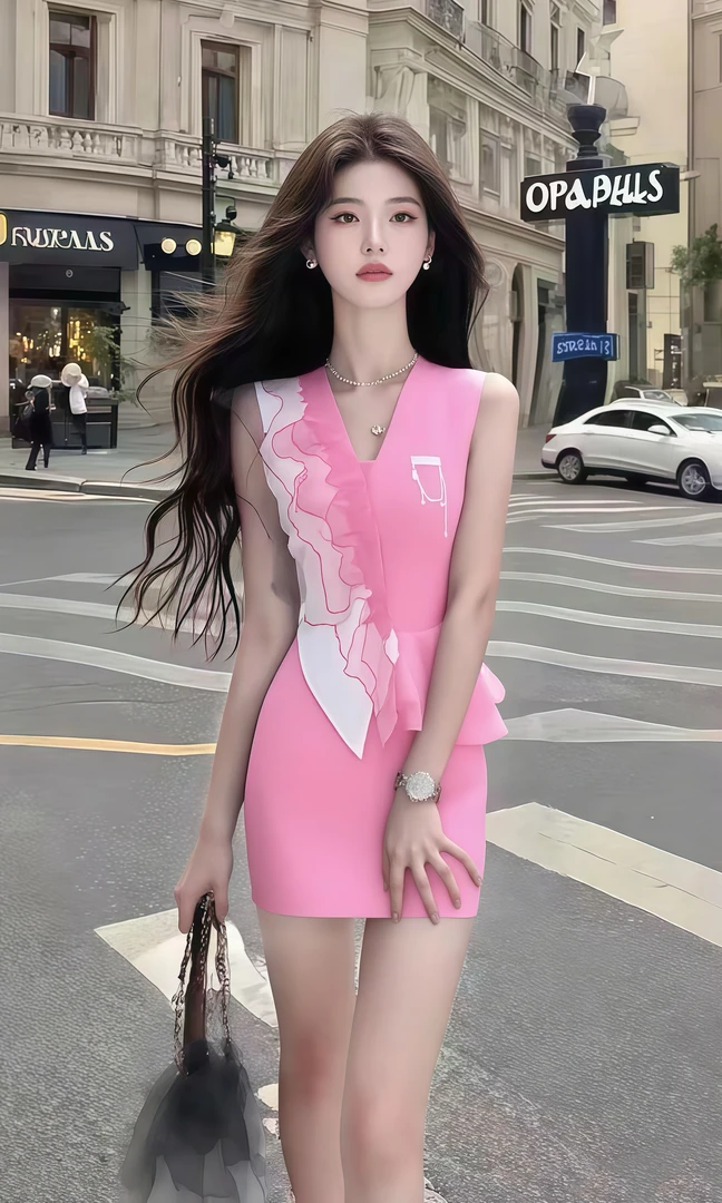 夏季新款粉色V领无袖别致设计感收腰包臀连衣裙女轻奢气质氛围感