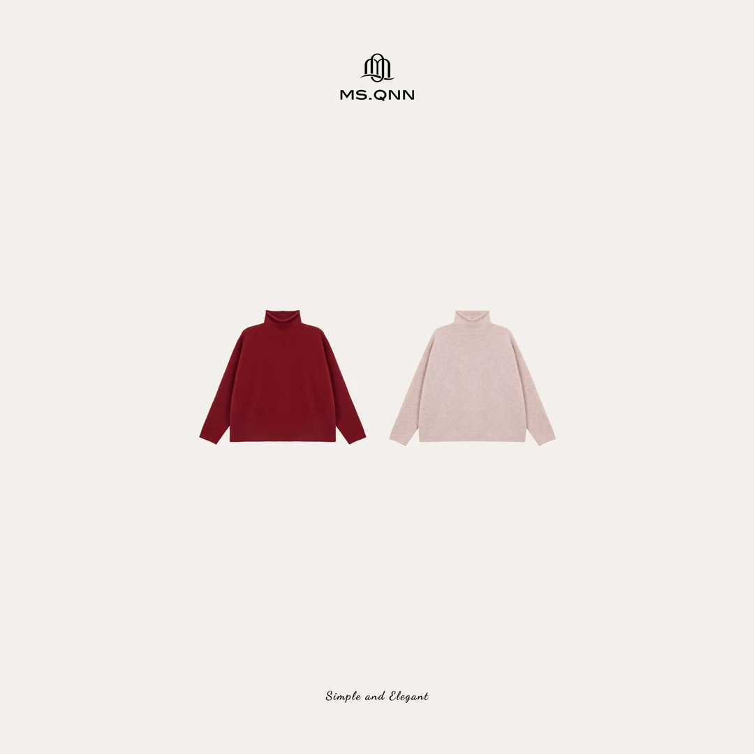 Ms.Qnn“柿柿如意”全羊毛中领卷边随性针织套头上衣 52T1757 Q姐