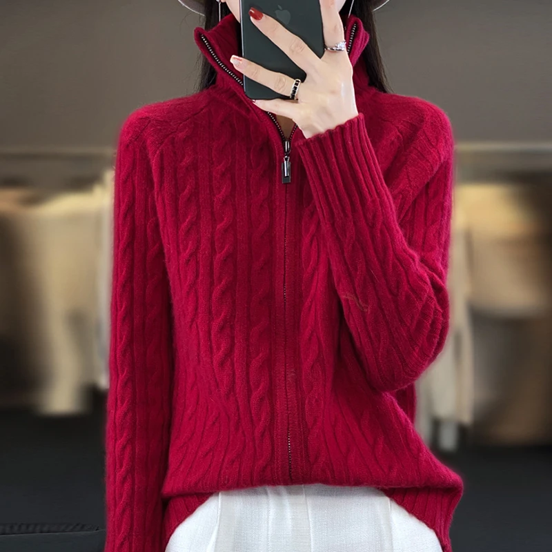 羊毛衫女秋冬宽松加厚拉链针织开衫外套立领羊绒外穿纯色保暖毛衣