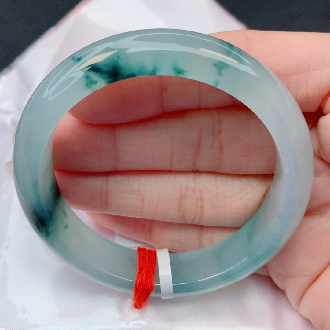 翡翠未镶嵌手镯53.6圈 冰种蓝底飘蓝花冰胶透