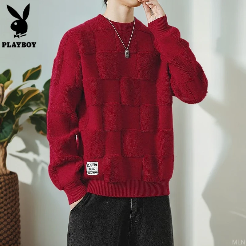 花花公子2025年本命年冬季潮流红色毛衣衣服针织衫男帅气男士休闲