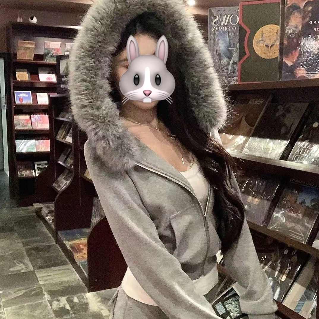 梦梦 MENGMENG｛比弗利 秋季慵懒百搭连帽外套休闲裤针织套装}