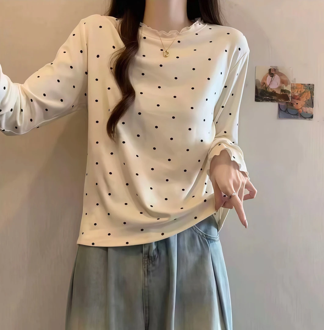 复古木耳花边领口波点上衣双层木耳边袖口长袖打底衫8836